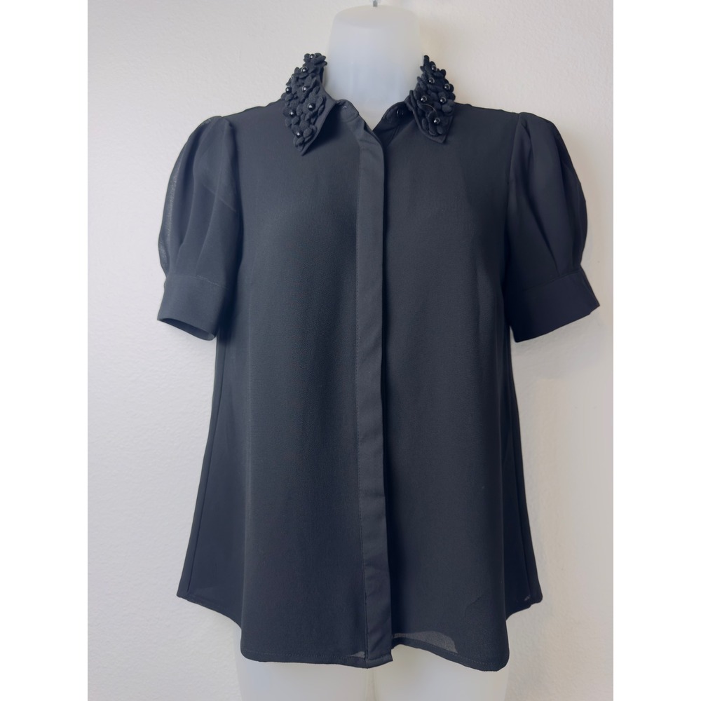 CeCe Black Floral Embellished Collar Puff Sleeve Career Blouse XS
